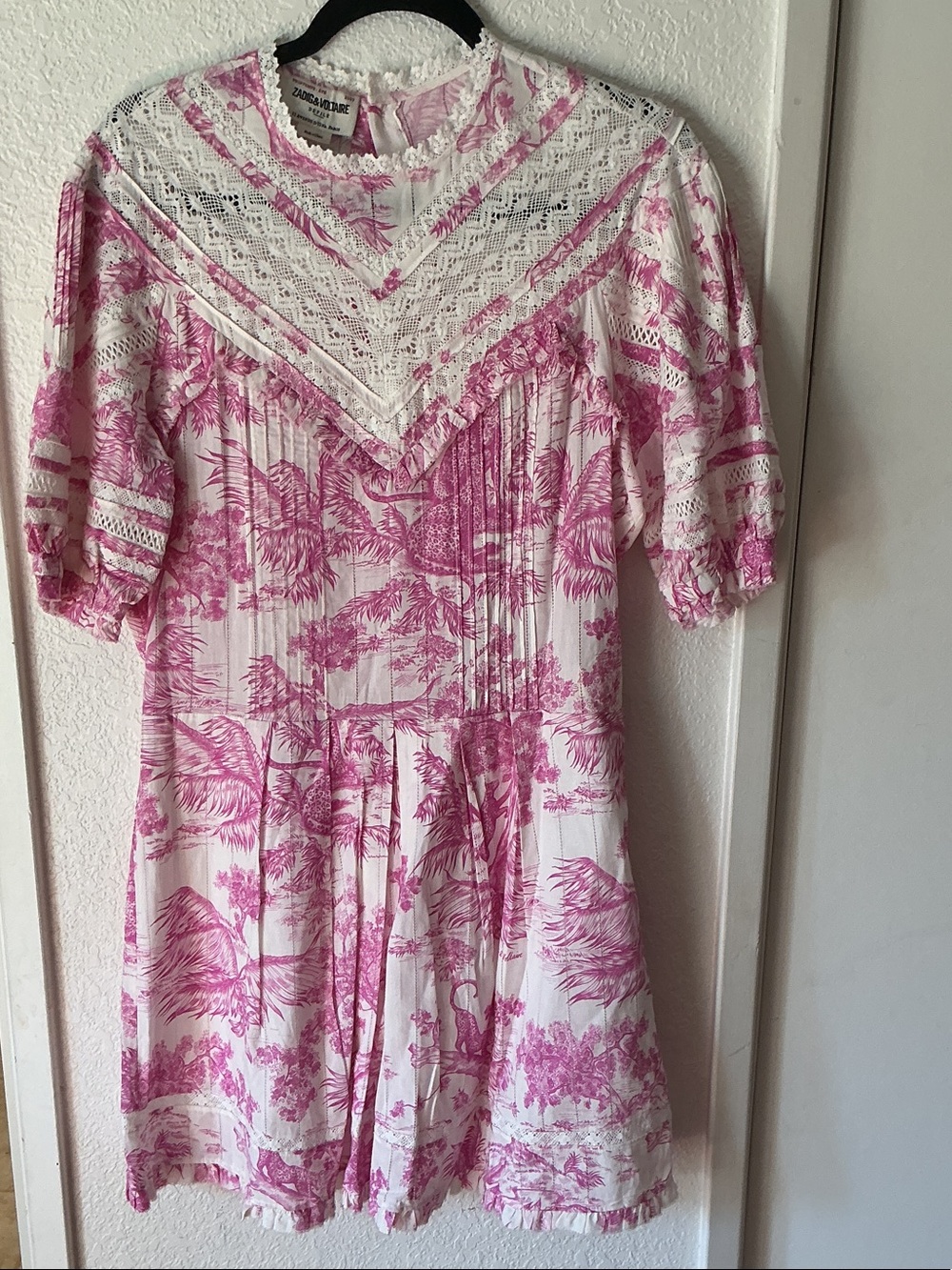 Zadig & Voltaire Pink and White Lace-Trim Mini Dress
